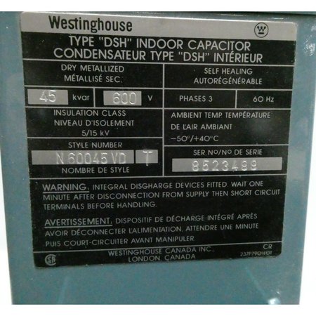 Westinghouse Type Dsh Indoor 3Ph 45Kvar 600V-Ac Capacitor N60045VD T